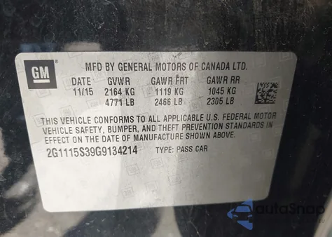 2016 Chevrolet Impala 2Lt z USA, uszkodzony, nr VIN 2G1115S39G9134214